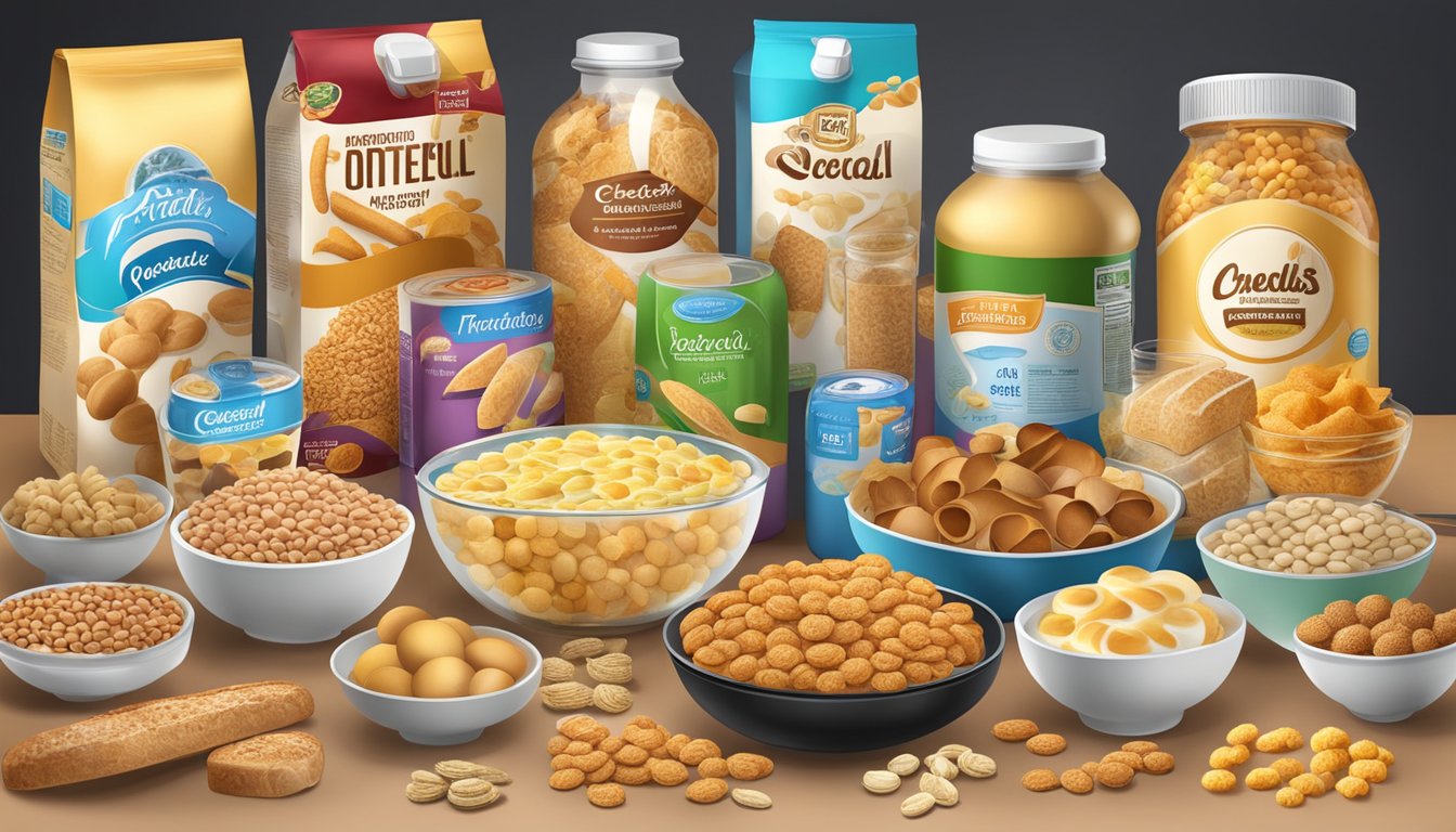 A variety of food items, such as cereal, bread, and snacks, are shown with a prominent display of protein fortification