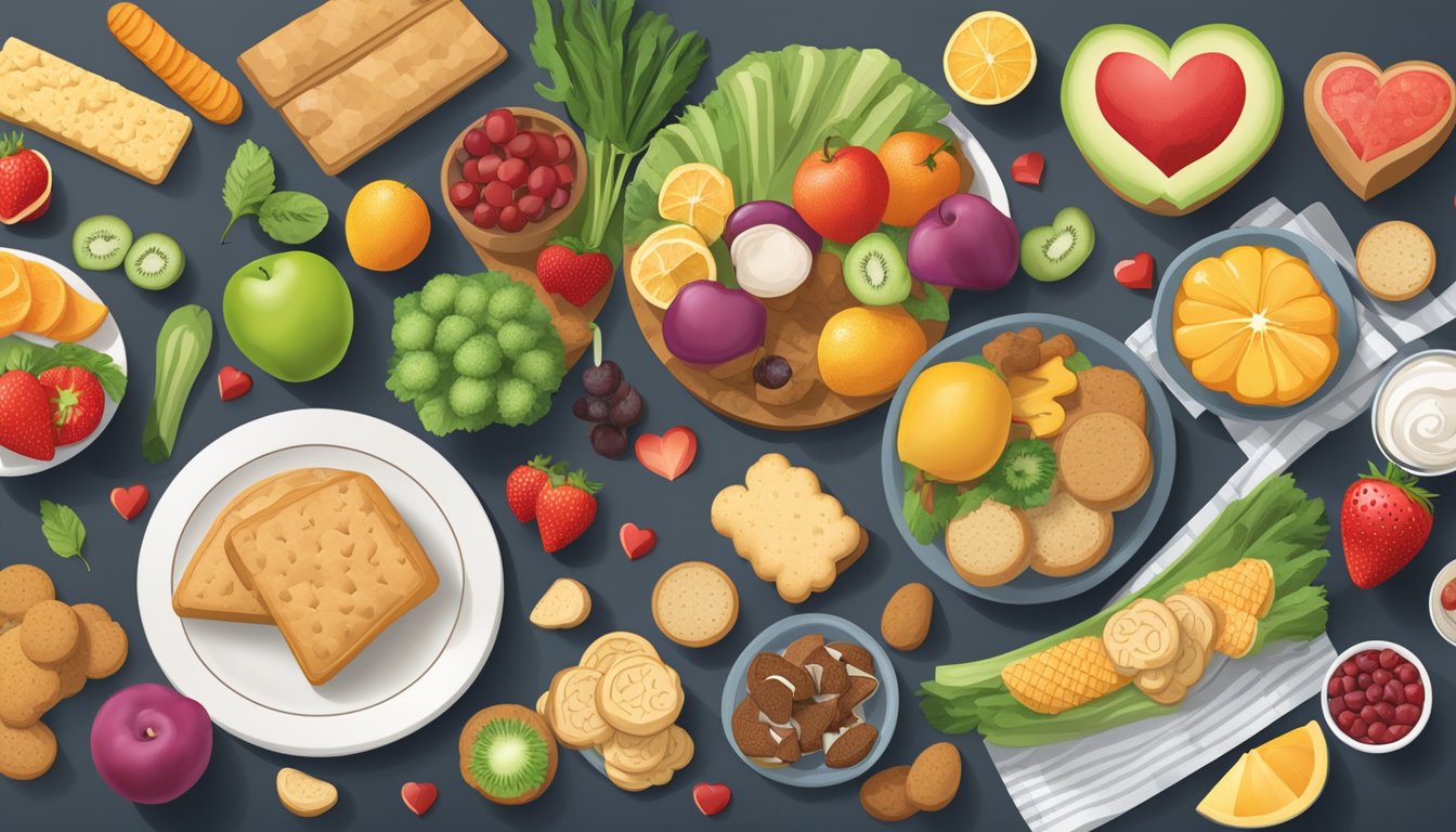 A table with a plate of biscuits surrounded by various "heart-healthy" foods, such as fruits and vegetables, with a prominent "Heart-Healthy" label