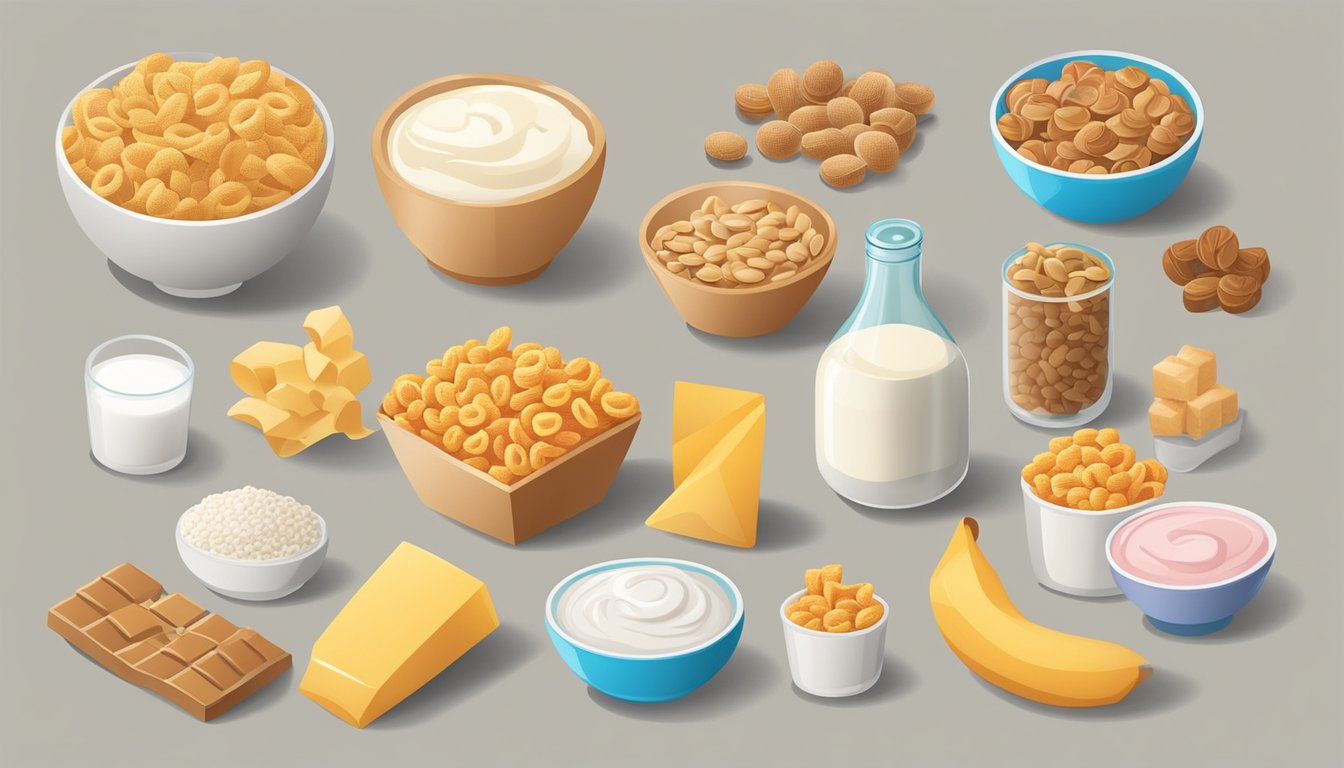 A variety of food items, such as cereal, yogurt, and snack bars, displayed with exaggerated protein content symbols, surrounded by question marks