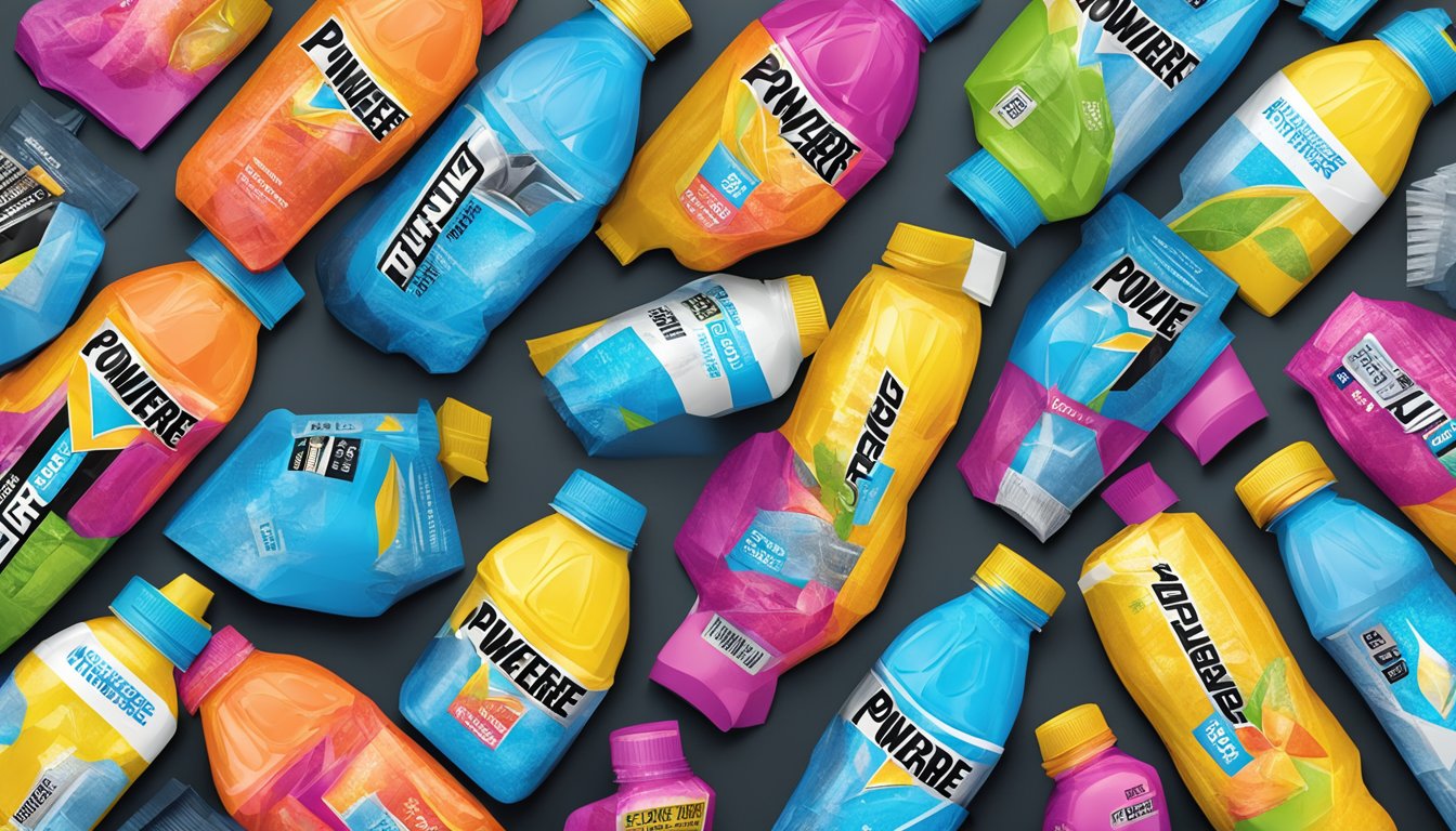 A colorful display of Powerade Zero bottles surrounded by artificial sweetener packets and ingredients, showcasing the sugar-free and artificial sweetener-loaded nature of the product