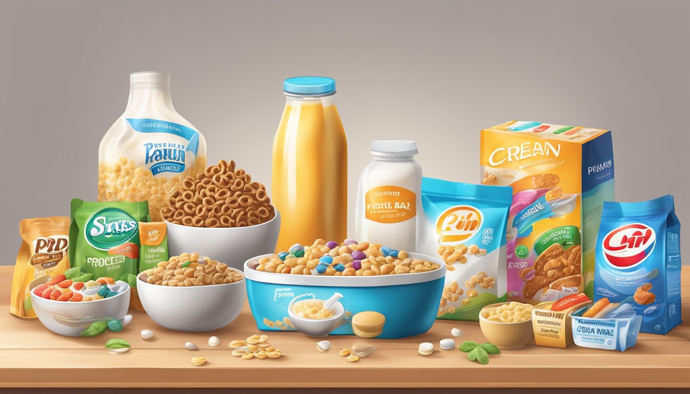 A table with various protein-fortified foods, including cereal, yogurt, and snack bars, displayed with colorful packaging and exaggerated claims