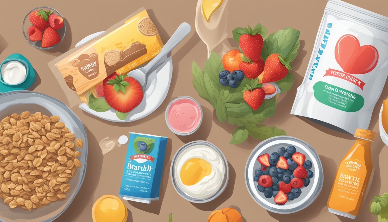 A table filled with "heart-healthy" foods, such as granola bars, yogurt, and fruit juice, alongside warning signs and a confused consumer