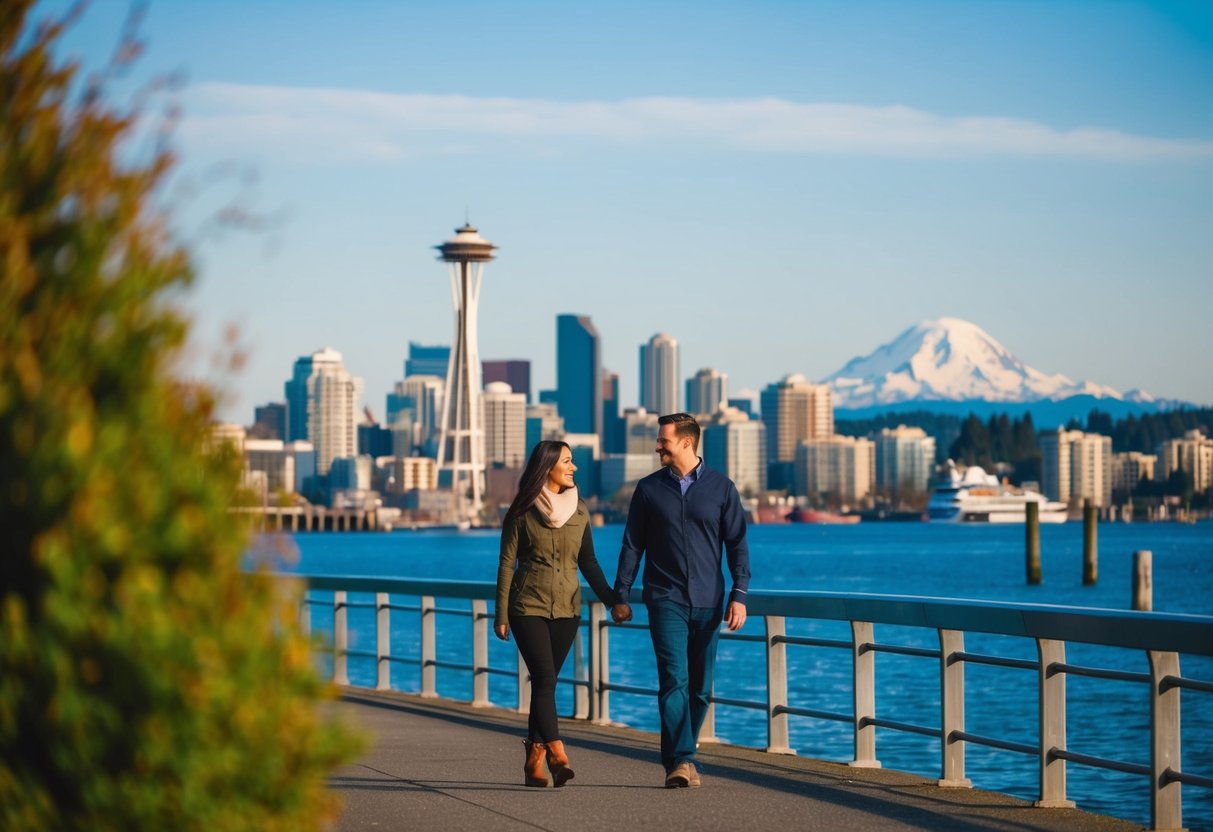 A couple strolling along the waterfront in Tacoma, Washington, with the city skyline and Mount Rainier in the background