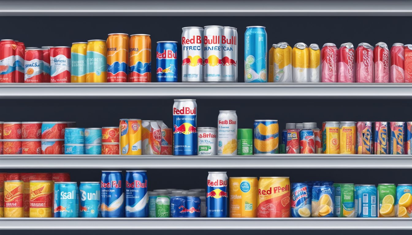 A can of Sugar-Free Red Bull surrounded by artificial sweeteners and other "sugar-free" products on a supermarket shelf