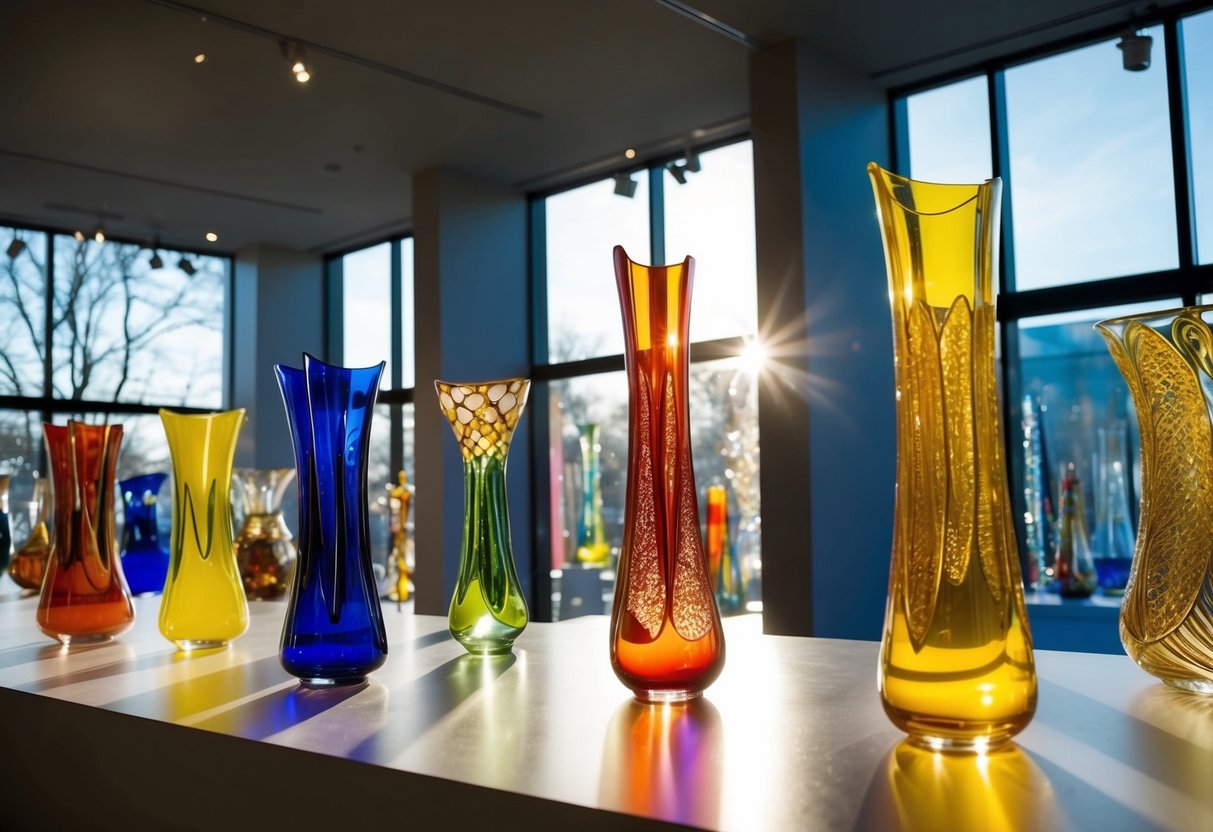 Sunlight streams through glass sculptures in a dimly lit gallery at the Museum of Glass. Vibrant colors and intricate designs captivate visitors