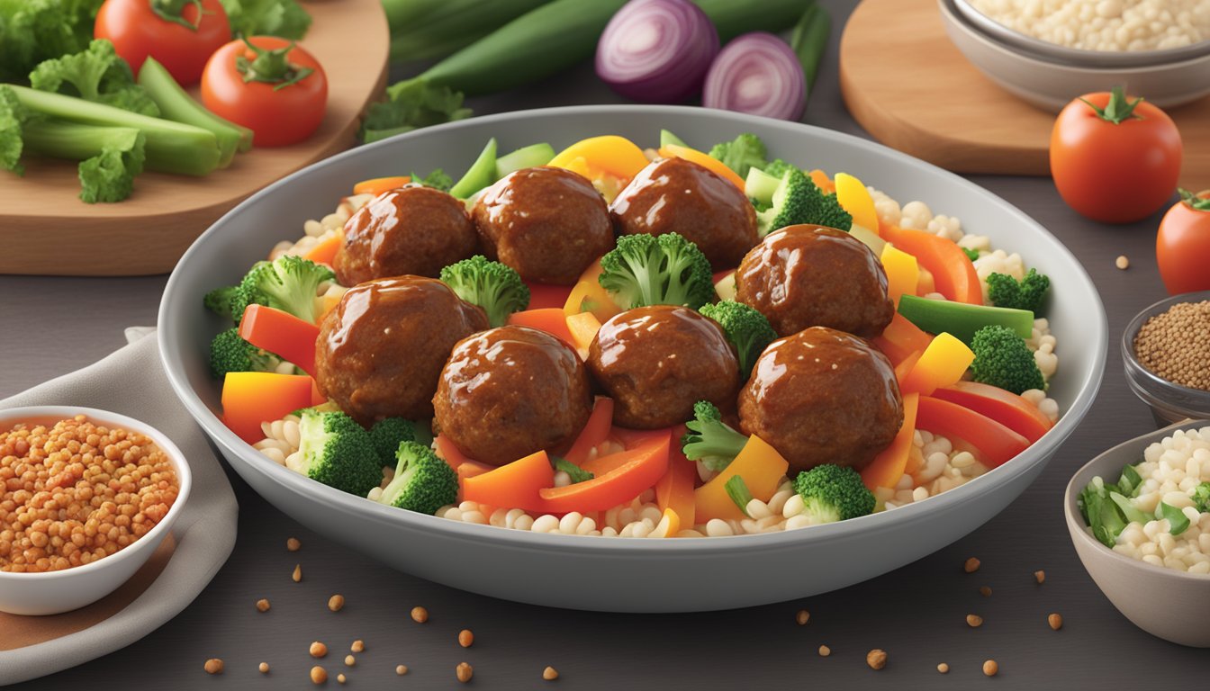 A colorful, steaming plate of sweet and spicy meatballs surrounded by fresh vegetables and grains, with the Stouffer's Fit Kitchen packaging in the background