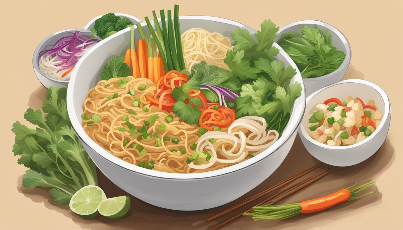 A steaming bowl of Sweet & Spicy Asian-Style Noodles surrounded by a variety of fresh vegetables and herbs, with a colorful and inviting presentation