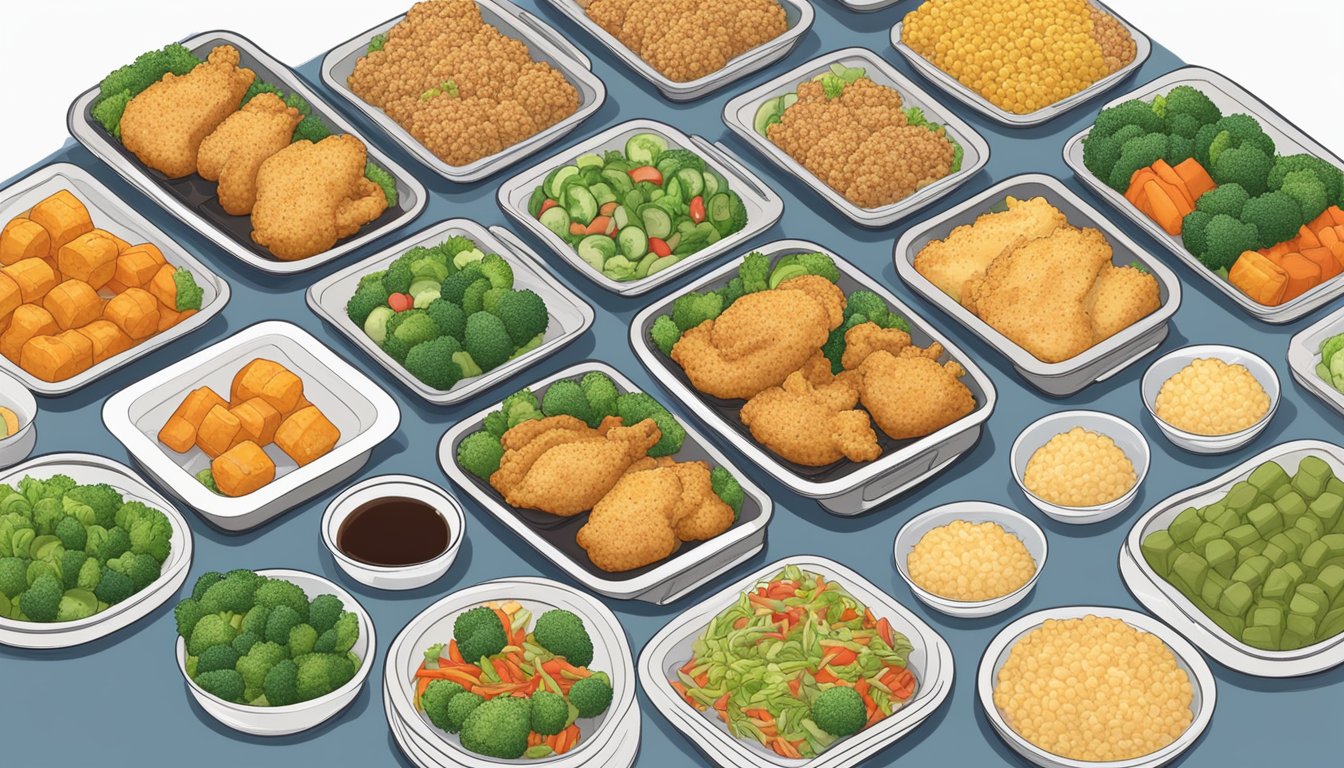 A table set with nine frozen dinner trays, each featuring a sesame chicken dish, surrounded by various vegetables and a label reading "Healthy."