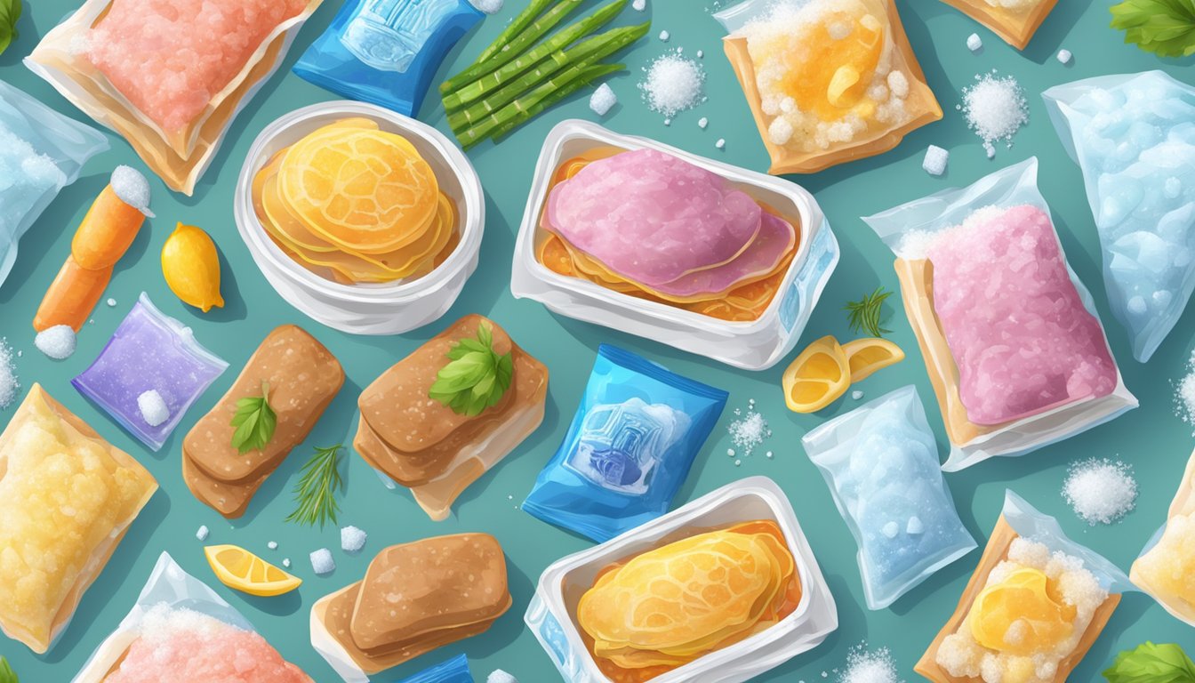 A colorful frozen dinner package surrounded by piles of salt