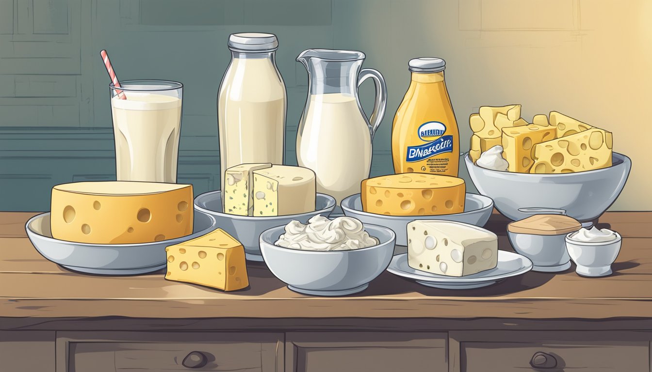 A variety of dairy products, such as milk, cheese, and yogurt, displayed on a table with a distressed digestive system in the background