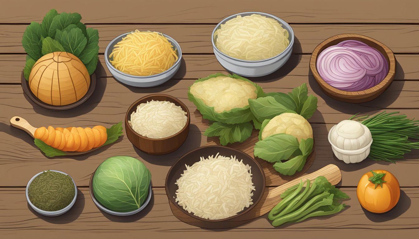 A variety of foods, including sauerkraut, arranged on a rustic wooden table with a "probiotic" label