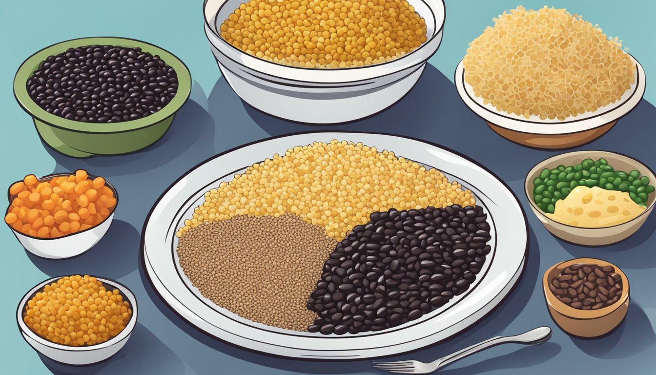 A colorful plate with a portion of quinoa and black beans, surrounded by various frozen dinner packages