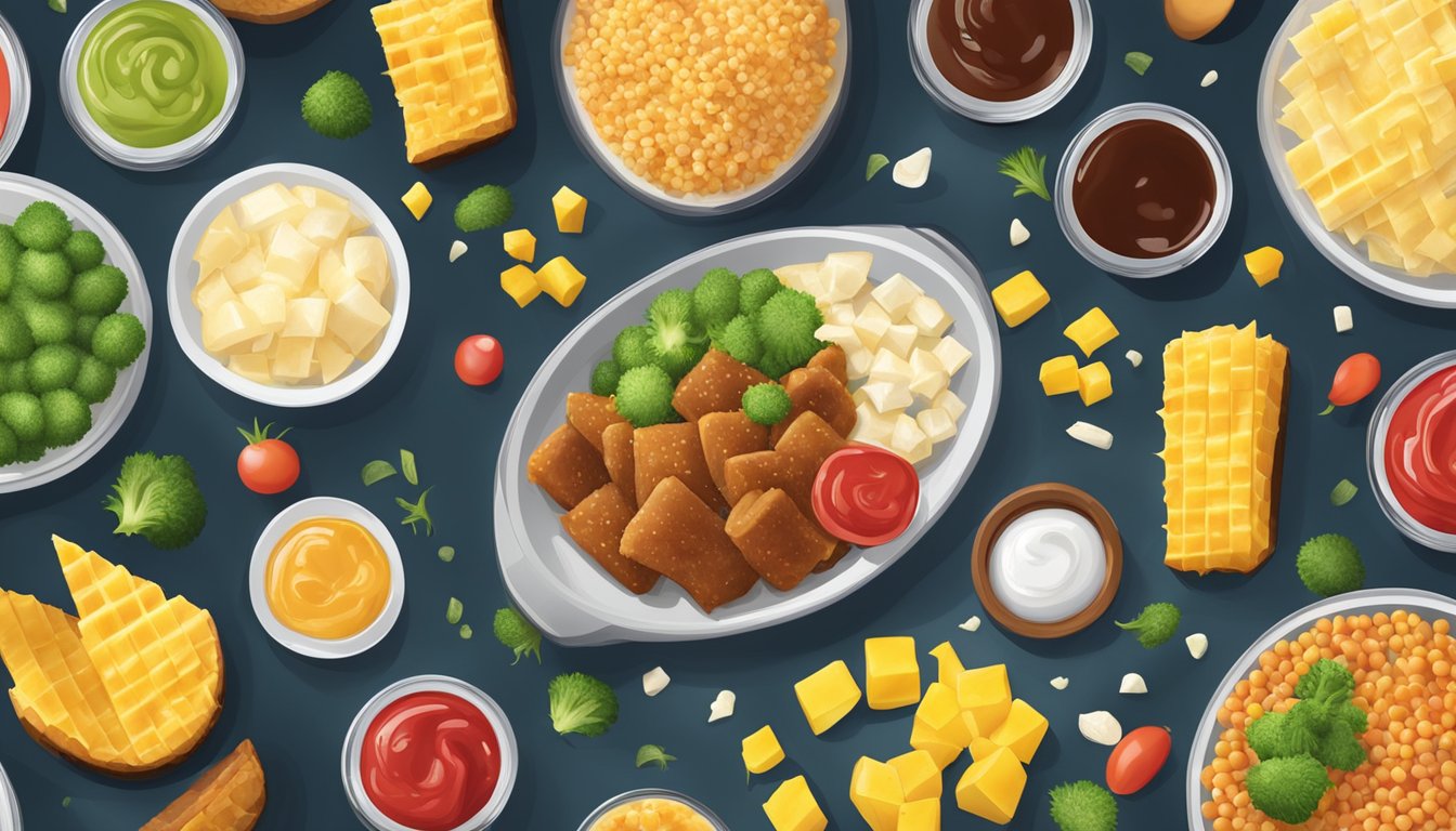 A colorful, appetizing frozen dinner package surrounded by scattered high-sodium ingredients like soy sauce, ketchup, and canned pineapple