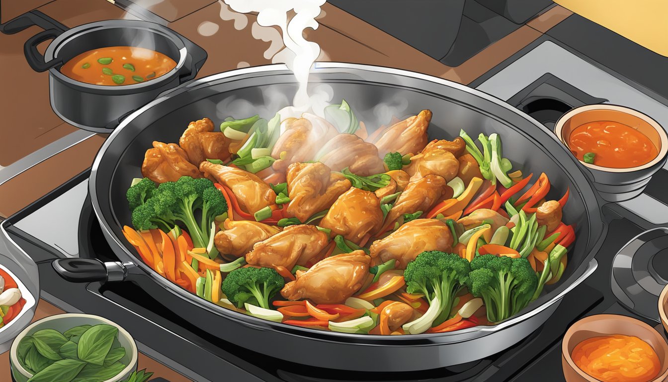 A colorful array of vegetables and chicken sizzling in a wok, with steam rising and a vibrant stir-fry sauce being poured over the dish