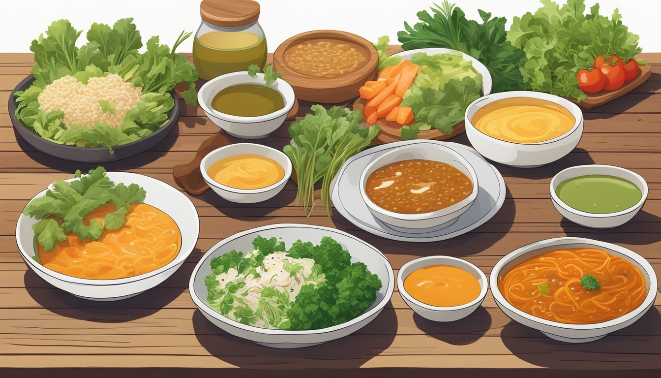 A colorful array of miso-based foods, including soup, salad dressings, and marinades, arranged on a wooden table with fresh herbs and vegetables as garnish