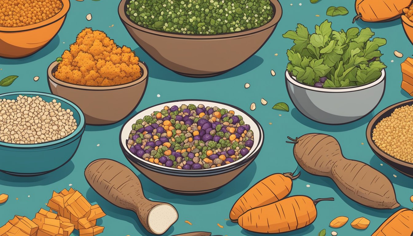 A colorful bowl filled with sweet potato, quinoa, and other healthy ingredients, surrounded by frozen dinner packaging