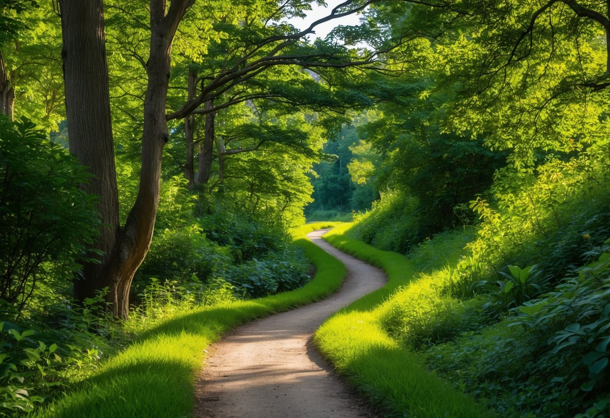 A winding trail through lush greenery, with a babbling creek and tall trees overhead. The path is dappled with sunlight, inviting exploration
