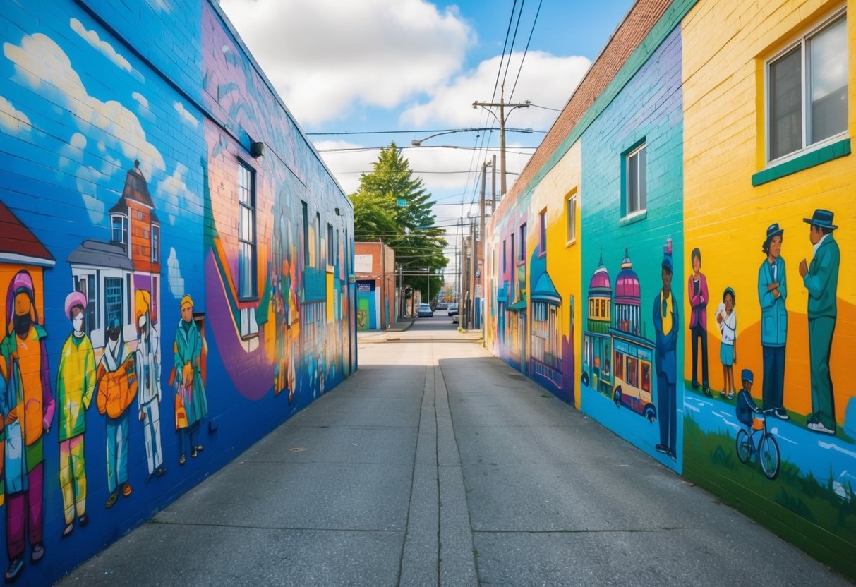 Vibrant murals cover the walls of Tacoma's streets, depicting scenes of urban life and cultural diversity