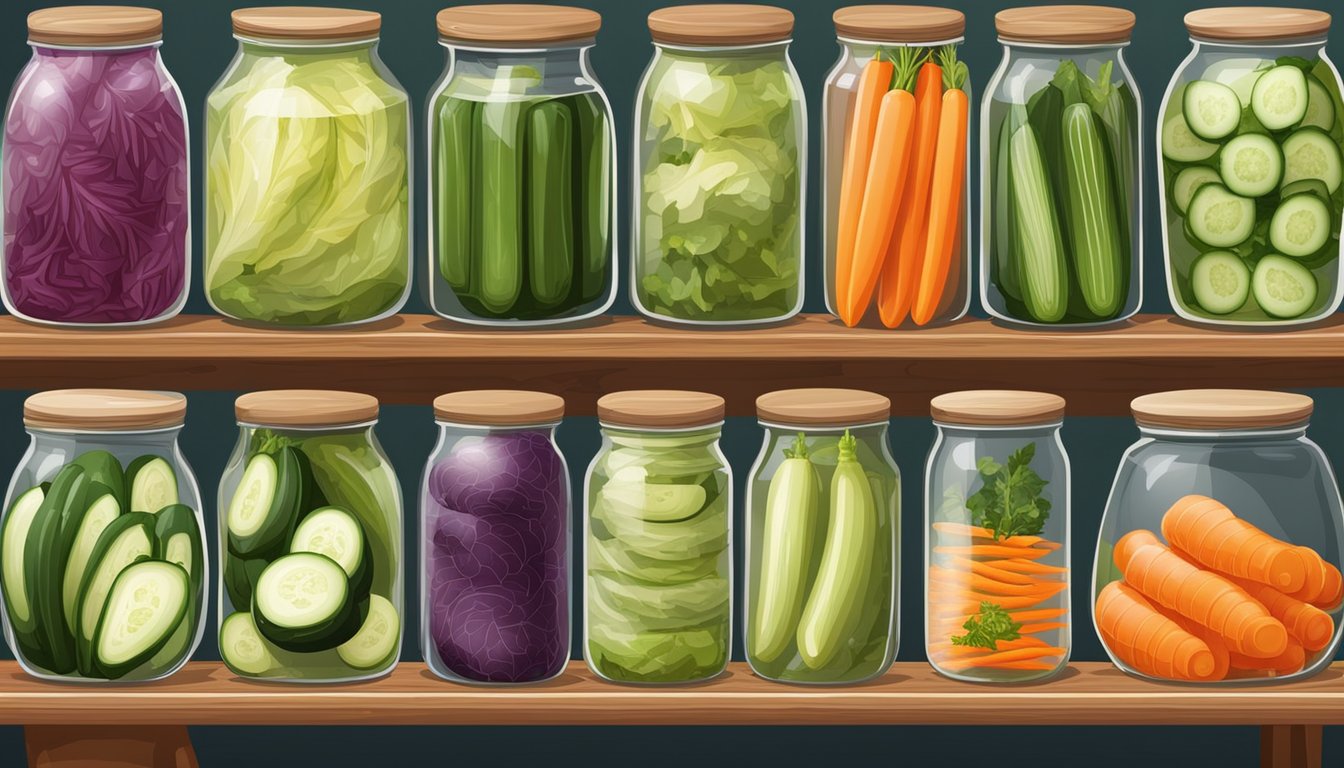 A variety of pickled foods displayed on a wooden cutting board, including cucumbers, carrots, and cabbage. Jars of pickled vegetables line the background