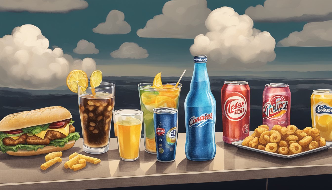 A table with various carbonated drinks and seemingly innocent foods, with a dark cloud looming overhead