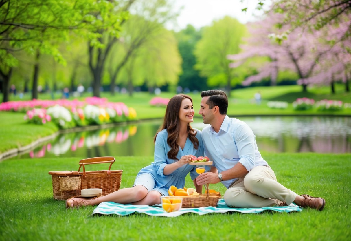 A couple sharing a picnic in a lush, green park, surrounded by blooming flowers and a serene pond