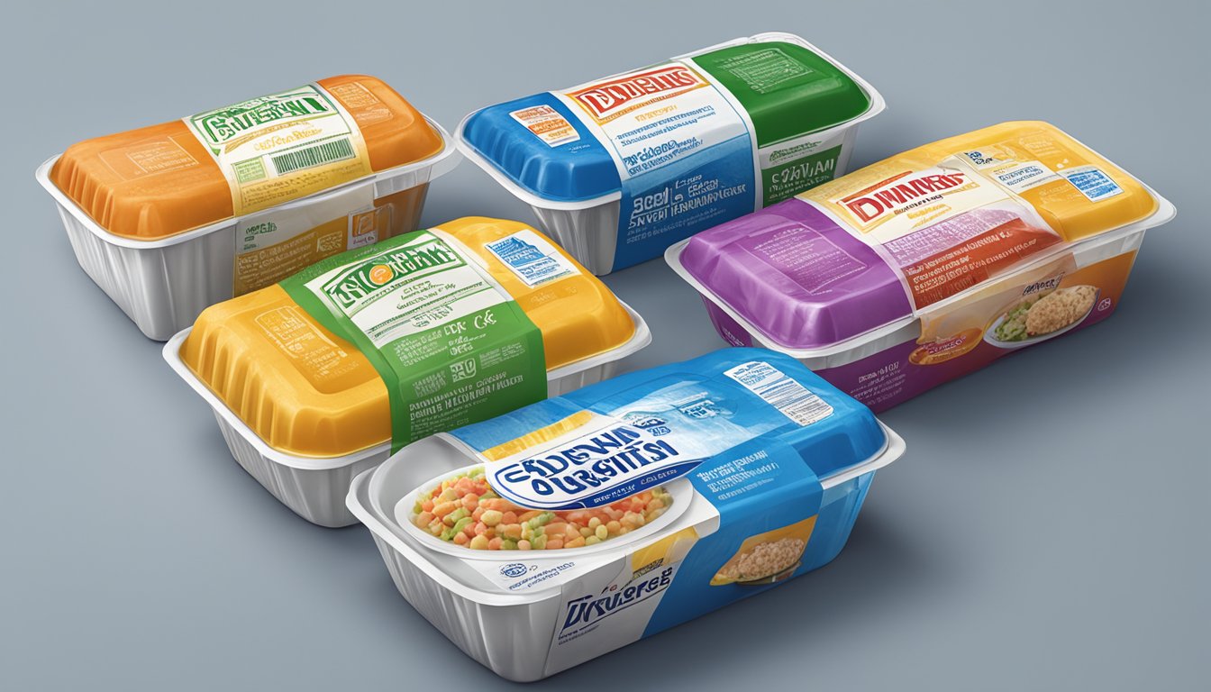 A variety of frozen dinner packages displayed with exaggerated sodium content labels