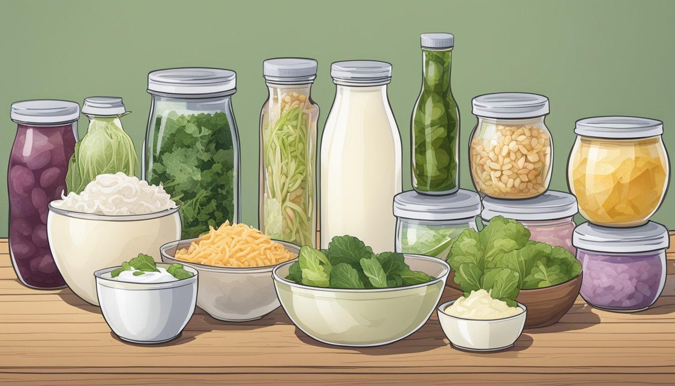 A variety of foods, such as yogurt, kefir, and sauerkraut, are displayed on a table. Each item is labeled with the word "Probiotic" but lacks visible bacteria