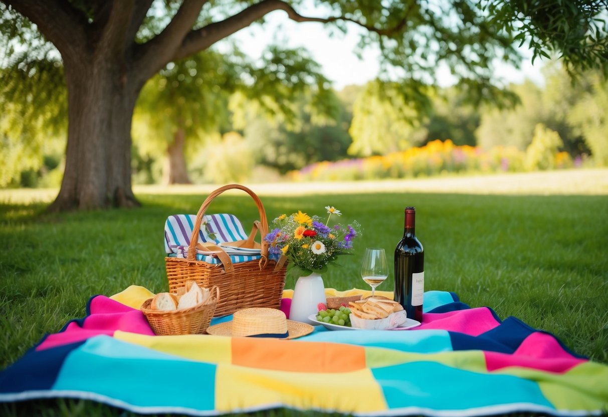 A colorful picnic blanket spread under a shady tree, surrounded by a basket of food, a bottle of wine, and a bouquet of wildflowers