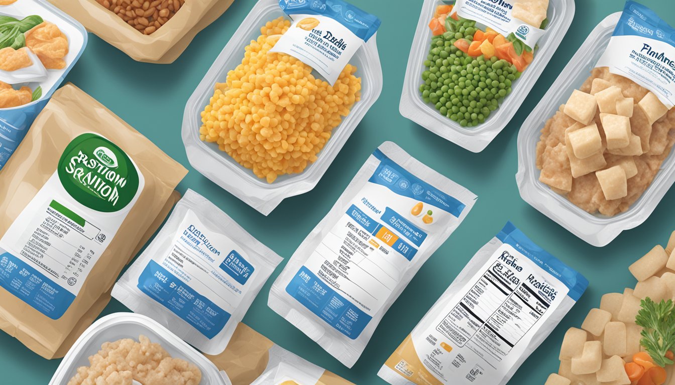 A table with 9 frozen dinner packages, each displaying a nutrition label with high sodium content