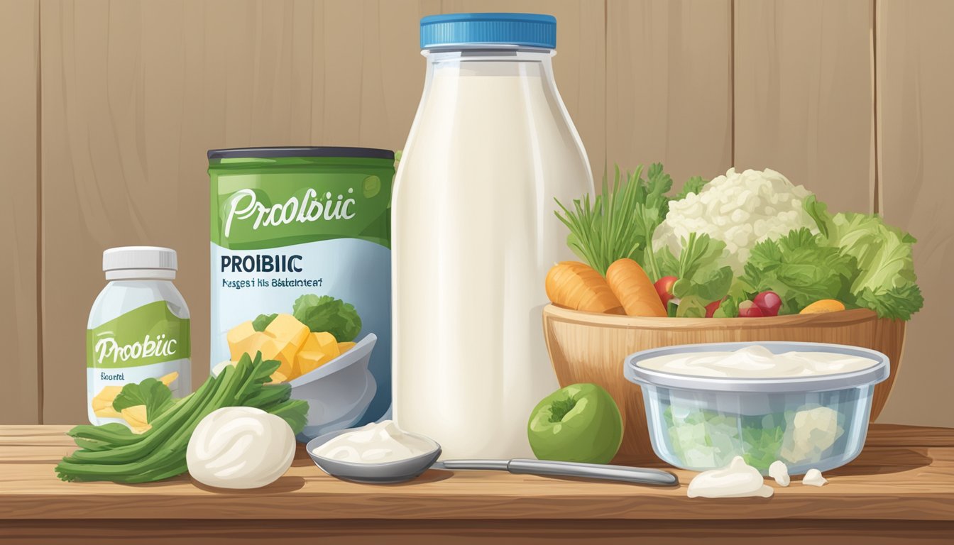 A variety of foods, such as yogurt, kefir, and sauerkraut, are displayed on a wooden table with a label reading "Probiotic" but with a magnifying glass revealing a lack of good bacteria