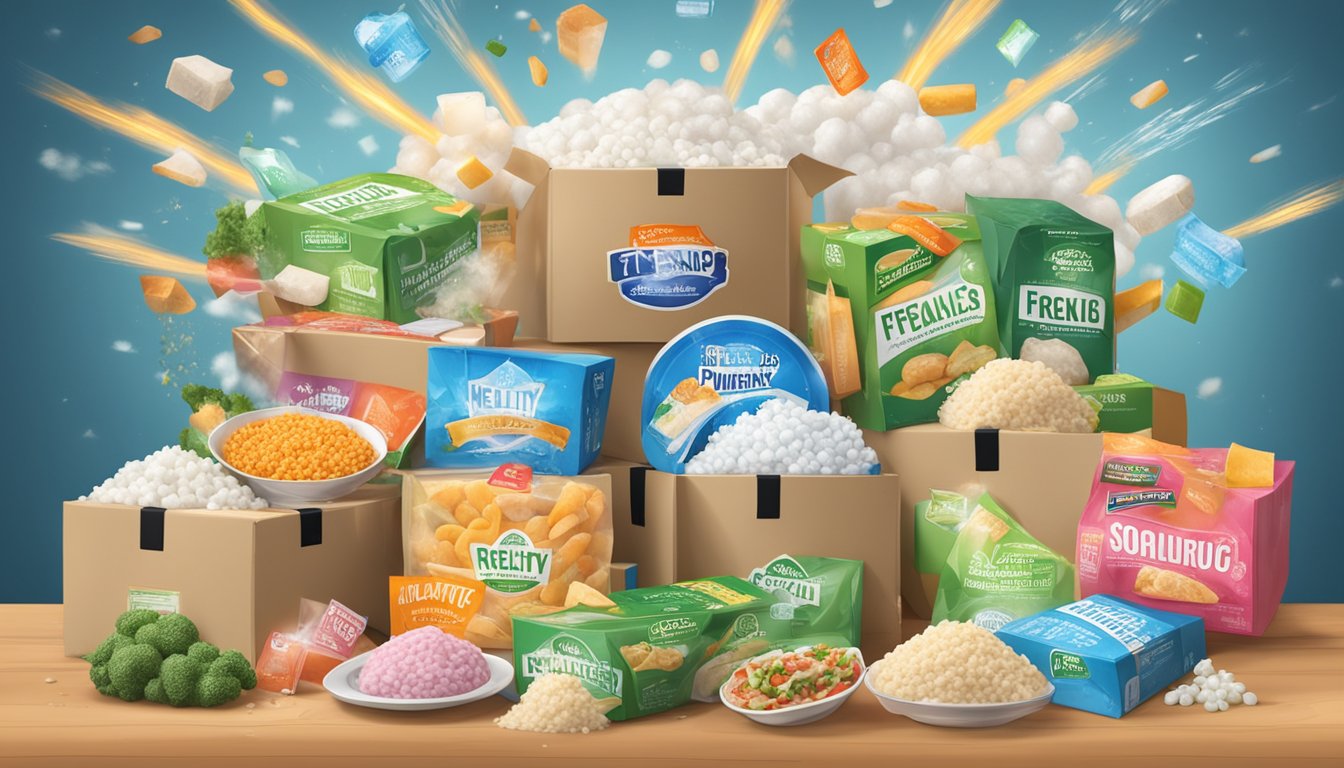 A variety of frozen dinner boxes with "healthy" labels, surrounded by high-sodium warning signs and sodium bombs exploding in the background