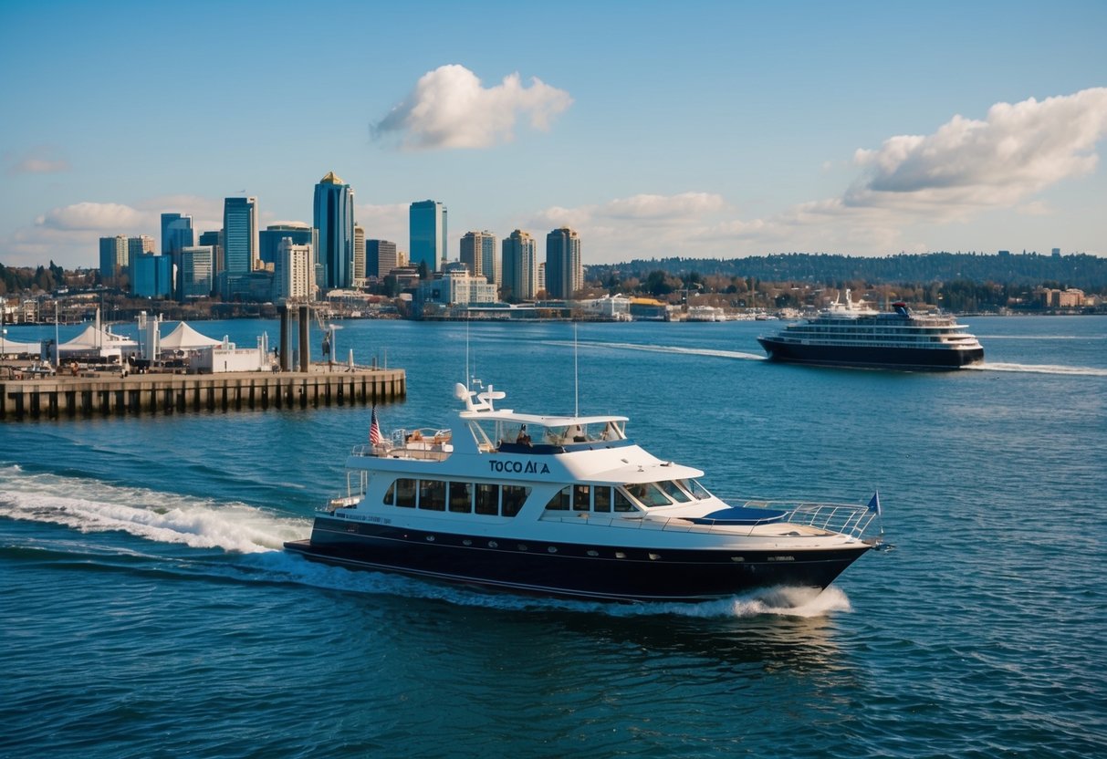 A boat cruises through Destiny Harbor, passing by the Tacoma waterfront and city skyline on a sunny day