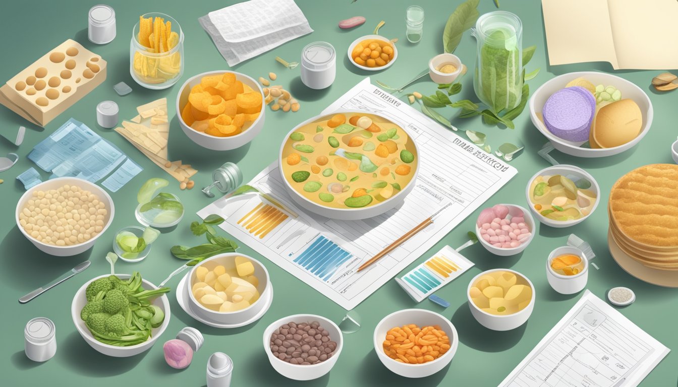 A table with various food items labeled as "probiotic" but lacking good bacteria, surrounded by scientific research papers and microscope slides