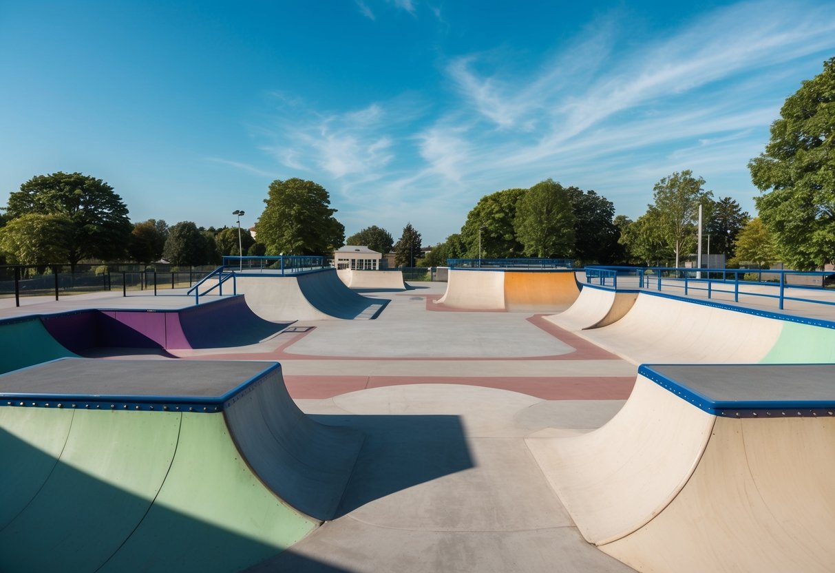 A colorful skatepark with ramps and rails, surrounded by trees and a clear blue sky