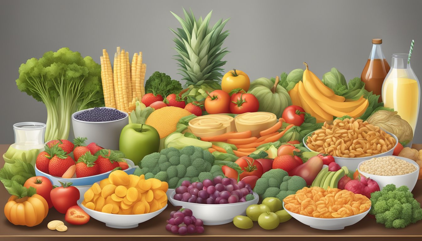 A table with a variety of foods, including fruits, vegetables, and processed snacks, surrounded by a digestive system diagram and a warning sign