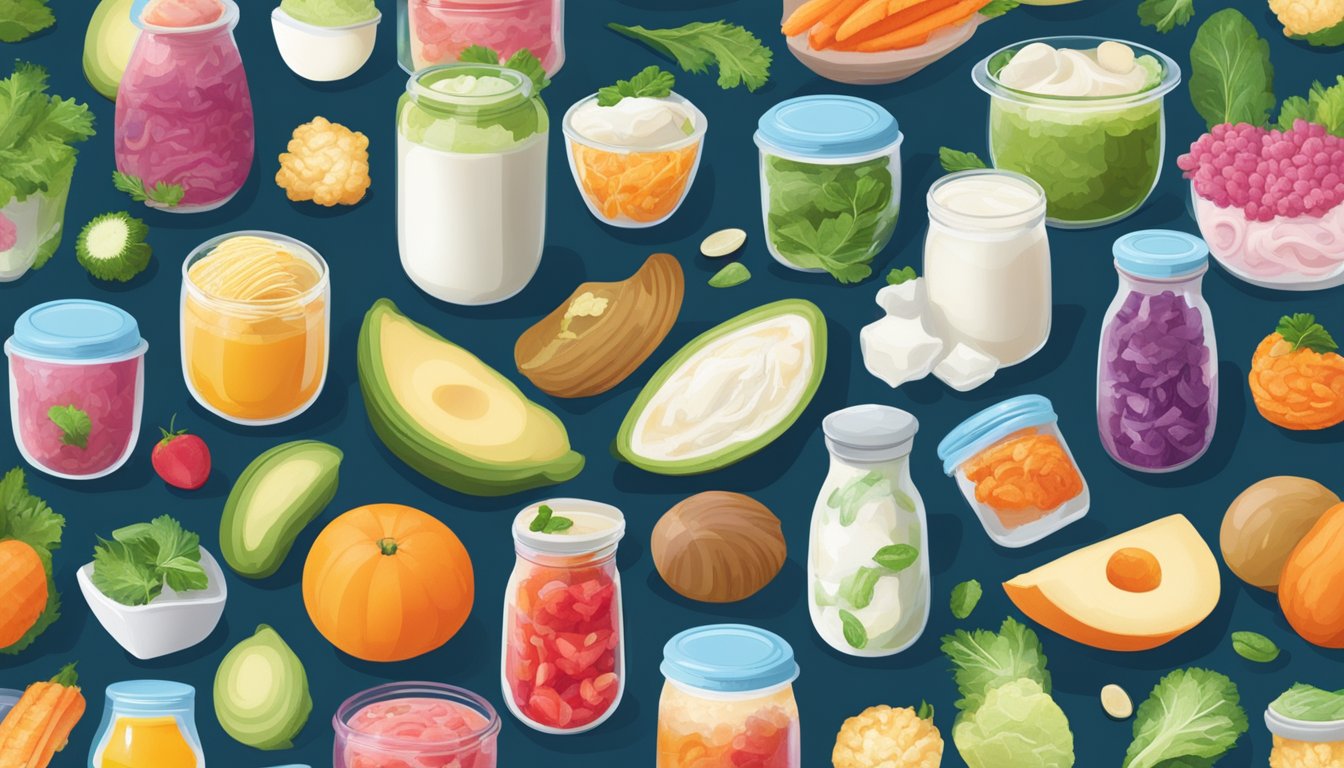 A variety of foods, such as yogurt, kefir, sauerkraut, and kimchi, are displayed with vibrant colors and textures, showcasing their potential as sources of probiotics