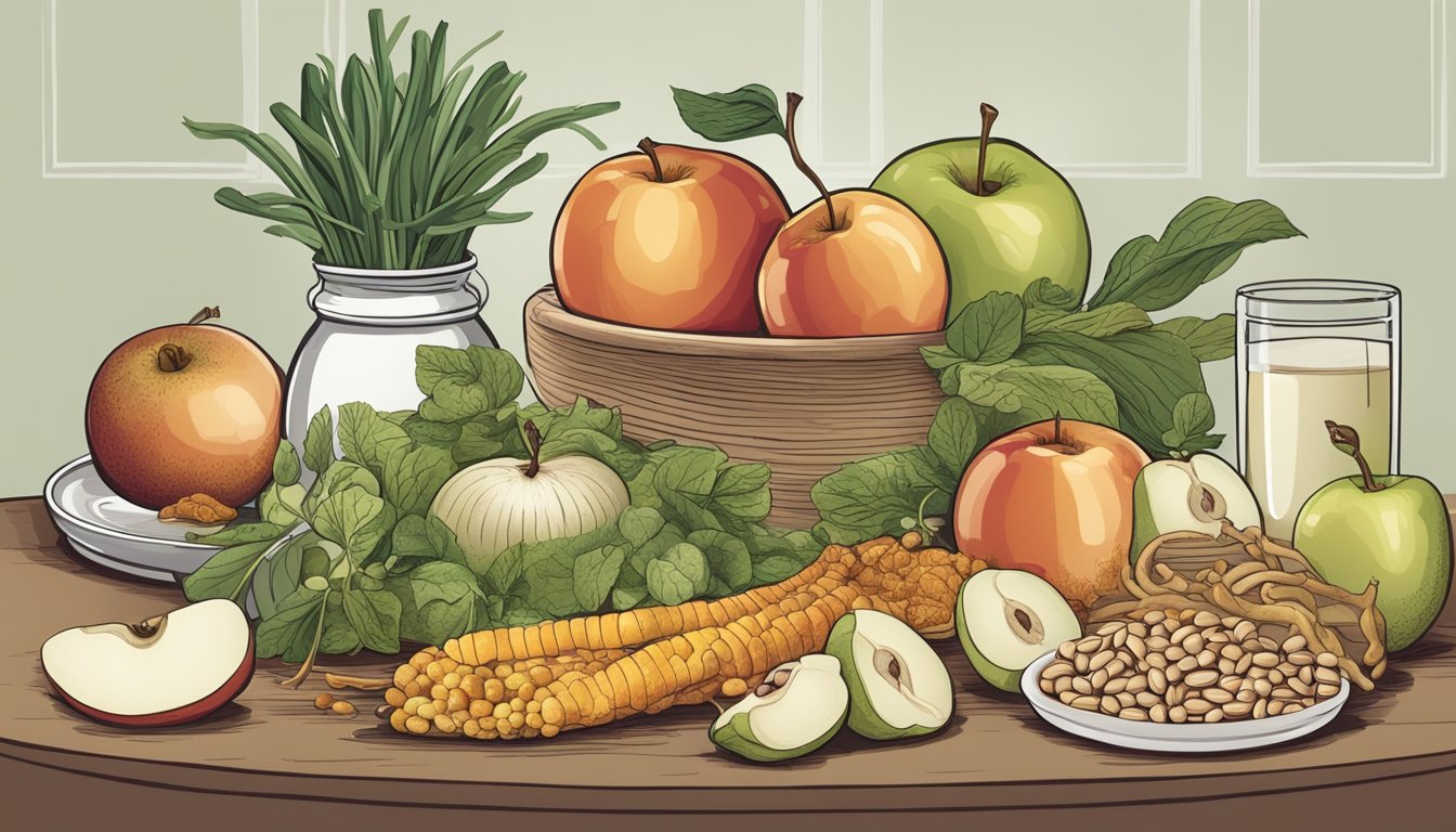 A table with various foods, including apples, onions, and beans, surrounded by a digestive system illustration showing discomfort