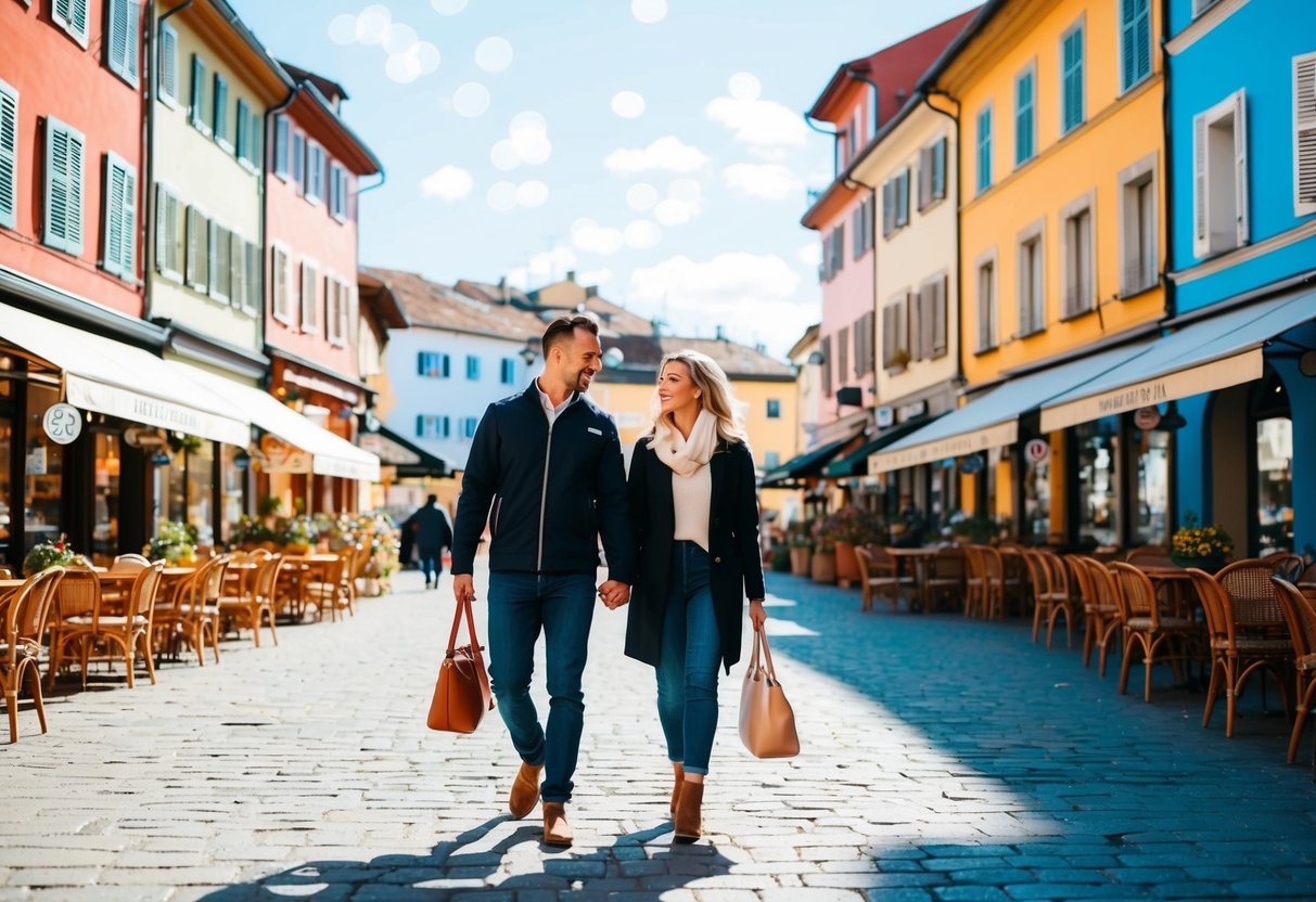 A couple strolling through a charming town square, surrounded by quaint shops and cafes, with a backdrop of colorful buildings and a clear blue sky
