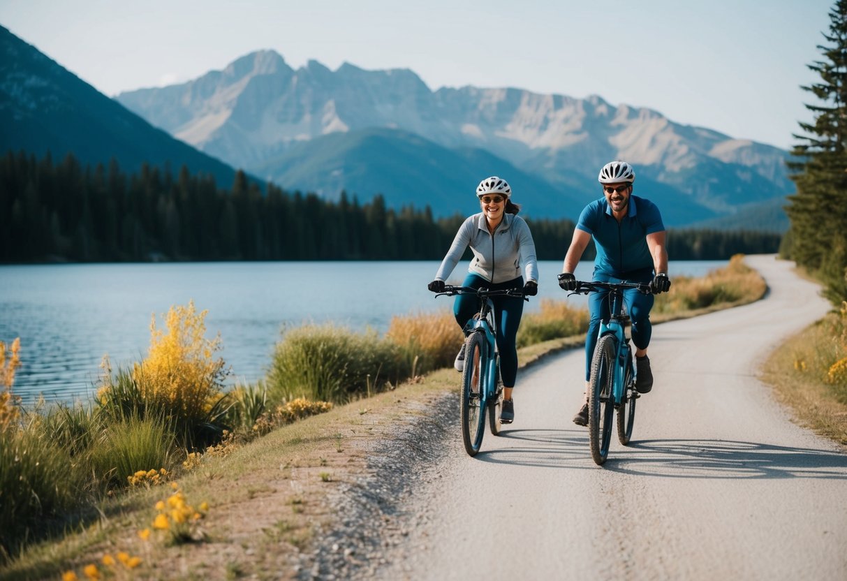A couple bikes along a scenic trail, passing by a serene lake with mountains in the background