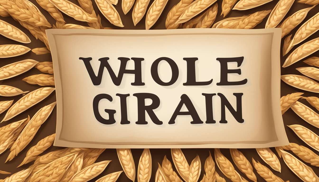 A pile of whole wheat crackers surrounded by scattered grains of wheat and a banner with the words "Whole Grain" on it