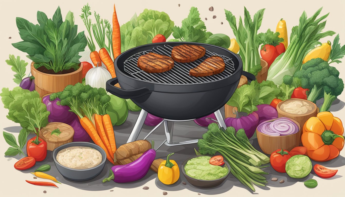 A sizzling grill with various plant-based ingredients being cooked, surrounded by colorful vegetables and herbs