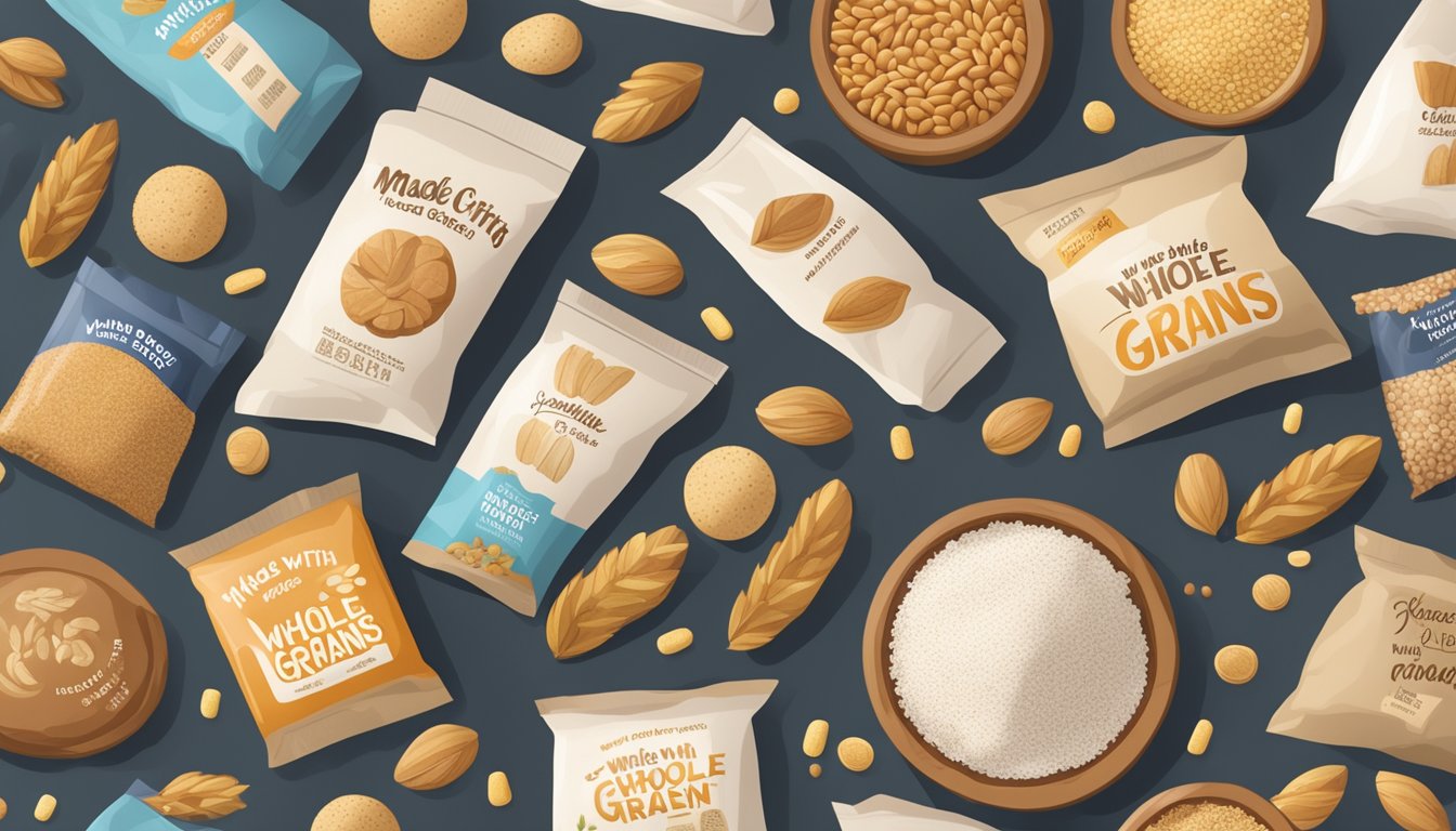 A variety of packaged food items with "made with whole grains" labels, surrounded by scattered refined flour grains