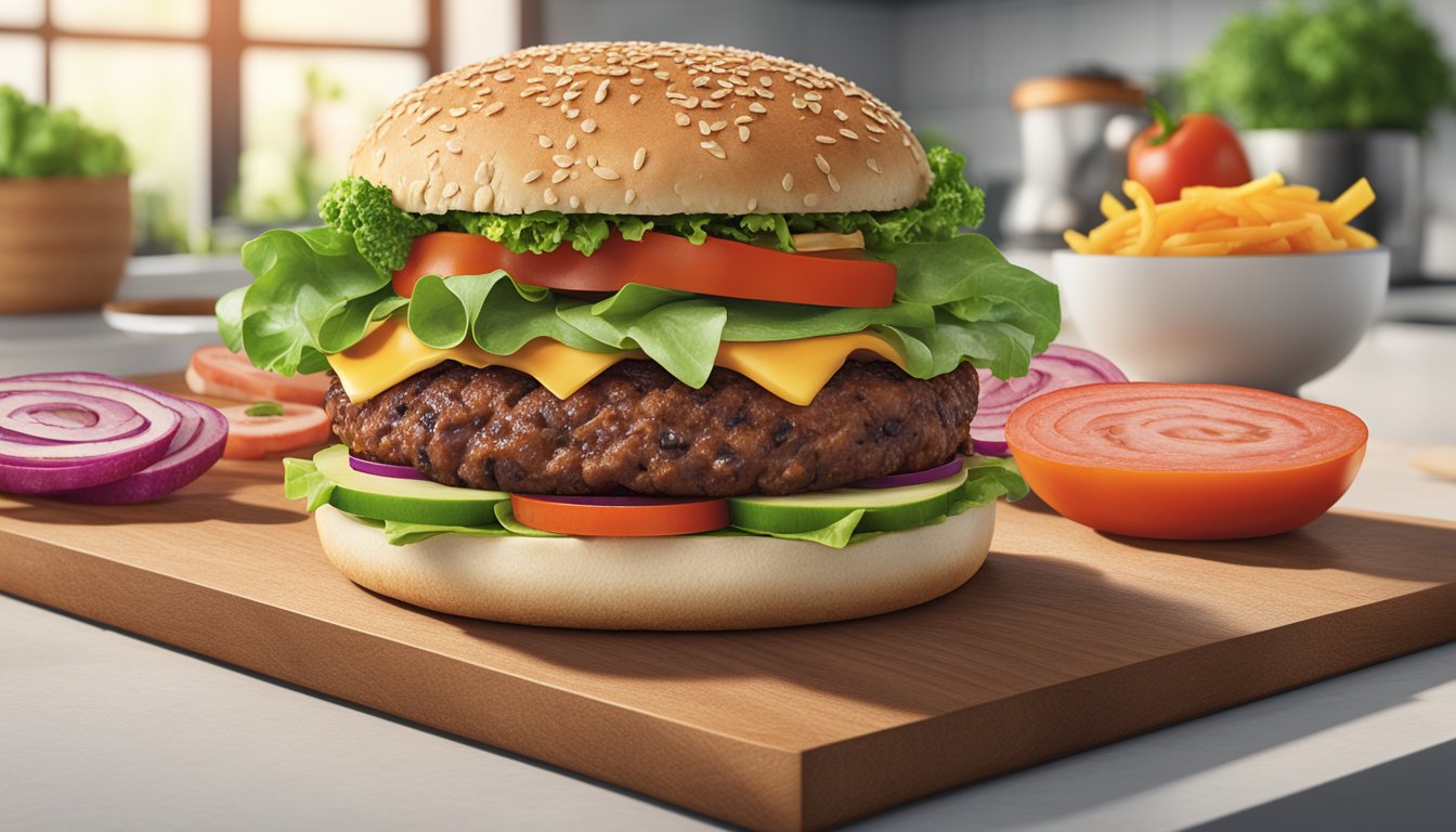 A sizzling Gardein Ultimate Plant-Based Burger surrounded by seven different highly processed plant-based "meats" in a modern kitchen setting