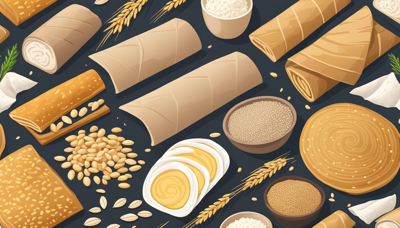 A table with various whole grain wraps, surrounded by scattered refined flour