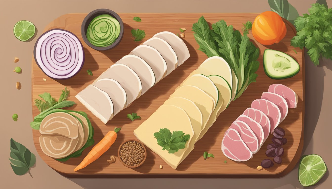 A variety of Tofurky deli slices arranged on a cutting board, surrounded by colorful and fresh plant-based ingredients