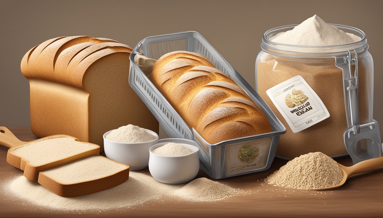 A loaf of sliced bread surrounded by various types of flour, with a prominent "Whole Grain" label