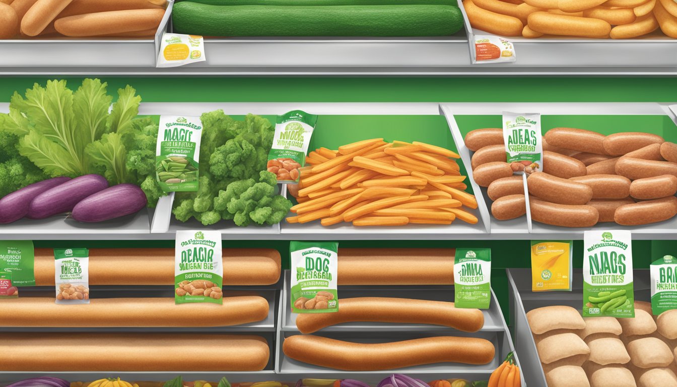 A colorful array of MorningStar Farms Veggie Dogs and other plant-based "meats" displayed on a grocery store shelf