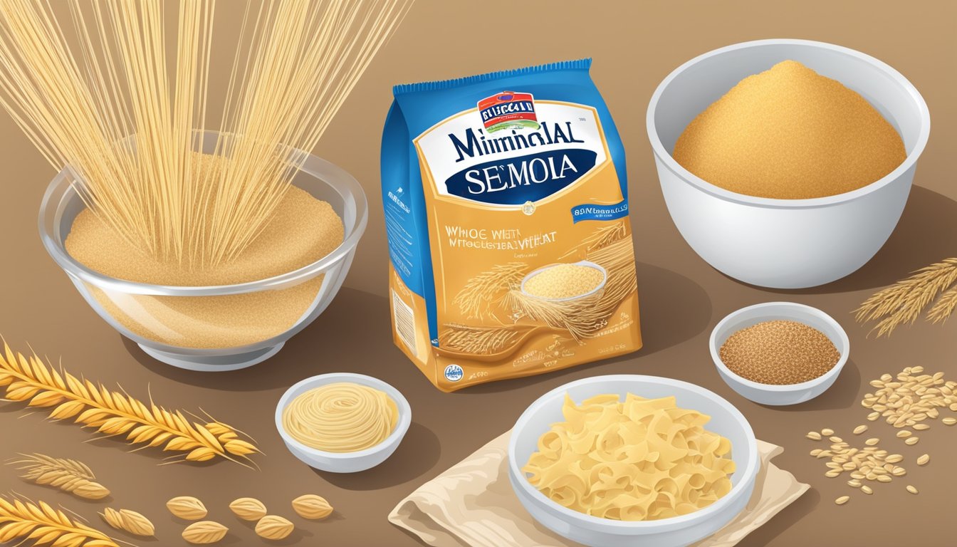 A bowl of whole wheat pasta and a package of enriched semolina, surrounded by various "whole grain" products with refined flour