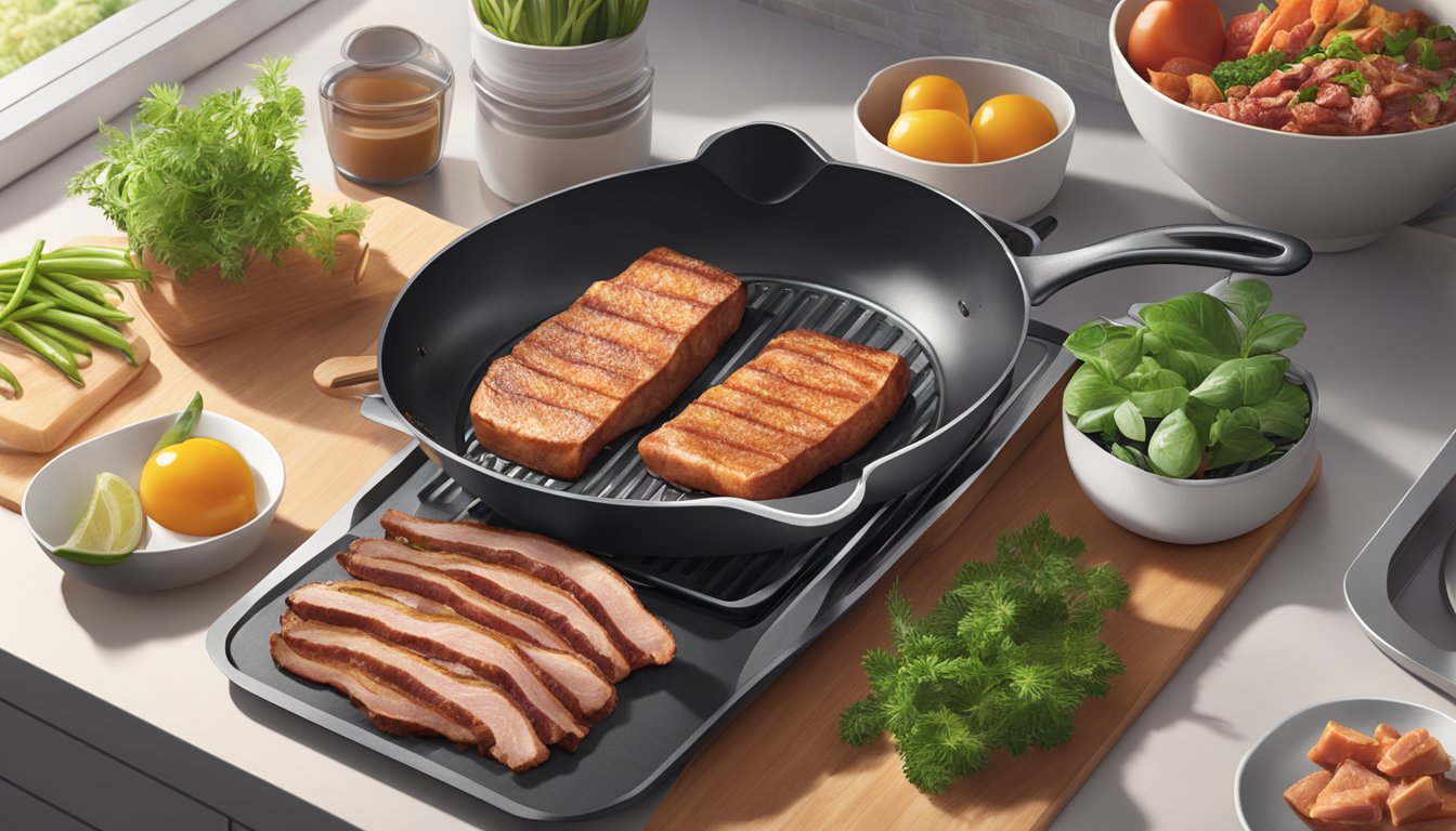 A sizzling pan with Lightlife Smart Bacon cooking, surrounded by various plant-based "meats" in packaging on a kitchen counter