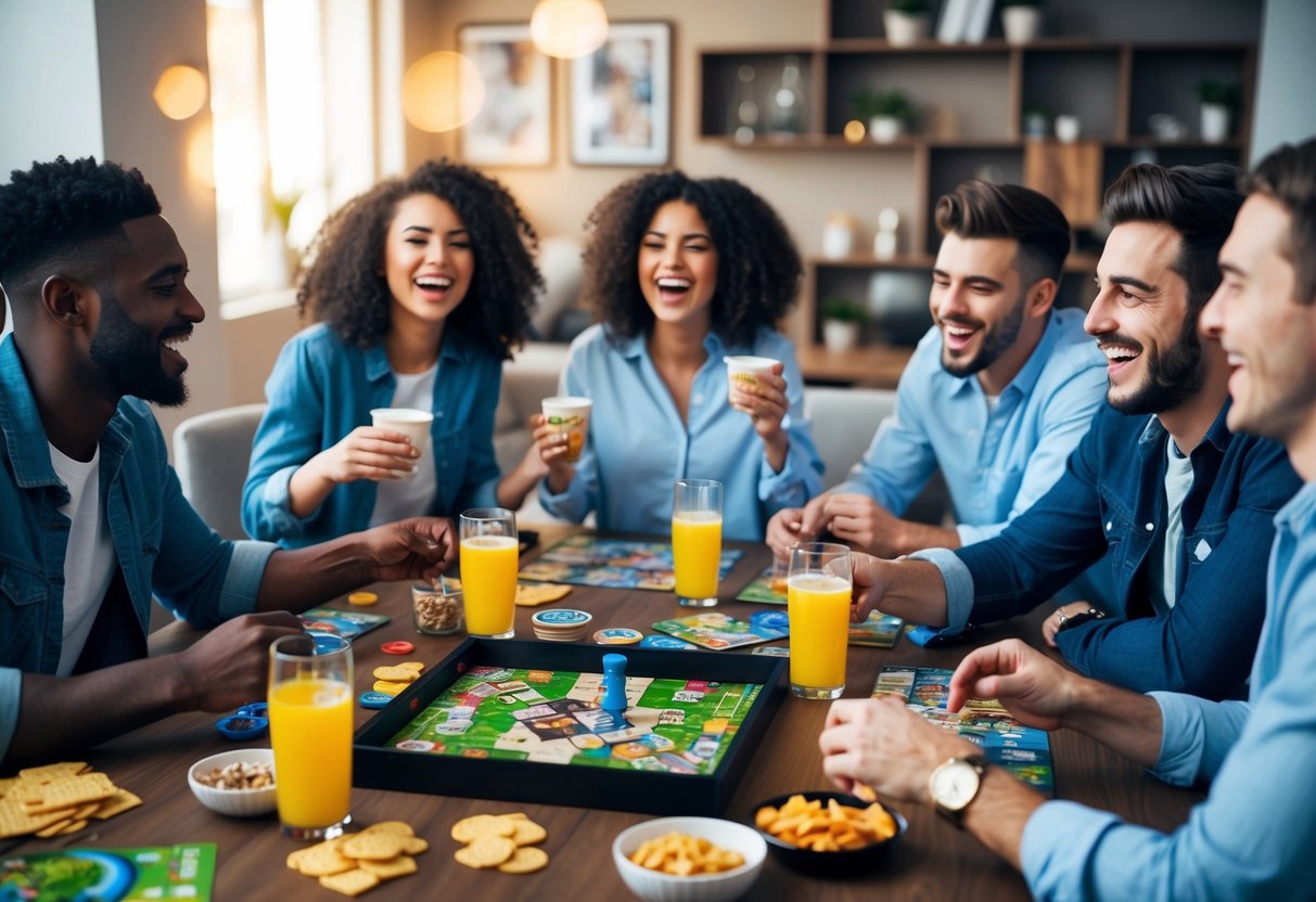 A table surrounded by friends with board games, snacks, and drinks. Laughter and excitement fill the room as they enjoy a game night together